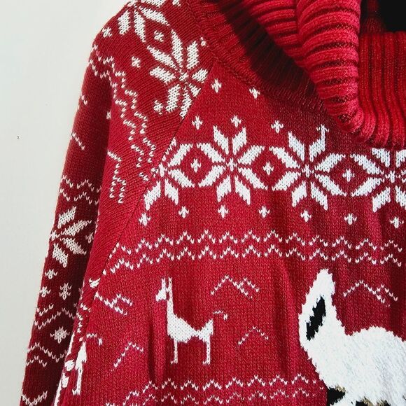 Llama Motif Holiday Turtleneck Loose Christmas Long Ugly Sweater Dress Pocket M - Picture 5 of 7